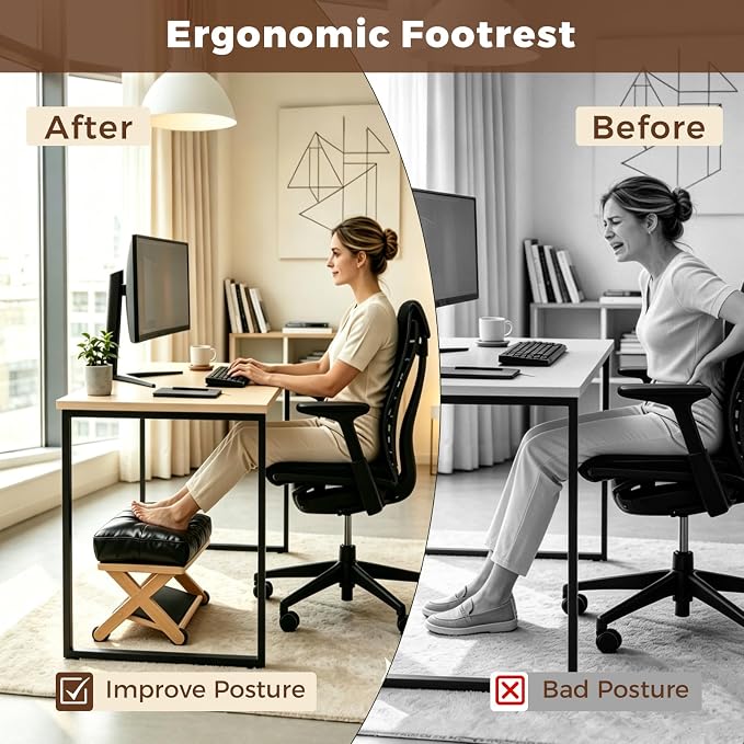 Foot Rest Under Desk, Wooden Double Step Foot Stool with Cushioned Top and Non-Slip Surface, Ergonomic Under Desk Footrest for Office, Home, Gaming and Work
