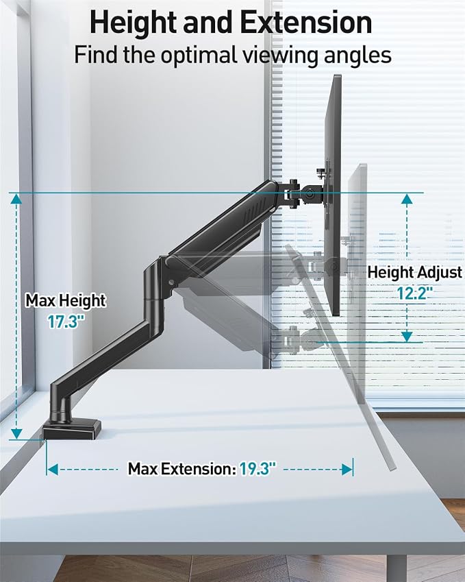 Single Monitor Arm Desk Mount Fits 13 to 32 inch Computer Screens, Holds 4.4 to 22lbs Display VESA Mount, Adjustable Monitor Stand with Clamp/Grommet Mounting Base, 75/100mm Bracket, Black, Freelift
