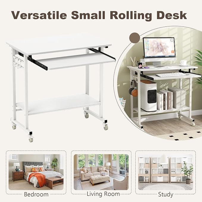 Tangkula Rolling Computer Desk Cart with Keyboard Tray, Mobile Portable Laptop PC Desk with CPU Stand & 3 Hooks for Sofa & Bed, Compact Small Desk on Wheels for Small Spaces (White)