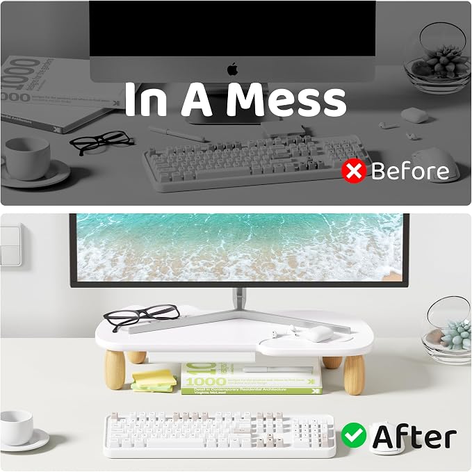 AFOOYO Monitor Stand Riser,Cat-Shaped Sturdy Wood Computer Monitor Stand, Monitor Stand Riser, Multi-Purpose Desktop Organizer Riser for Computer,Laptop,Printer,TV,White