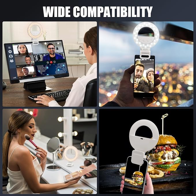Diyife Selfie Ring Light, [360° Rotation] Rechargeable 1000mAh Selfie Light for Phone, 60 LED 10 Level Brightness Portable Phone Clip on Light for Laptop, Makeup, Vlog, TikTok, Video Recording