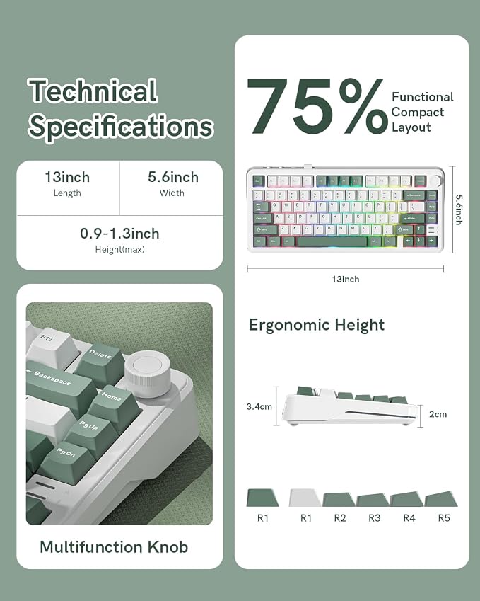 L75 75% Mechanical Keyboard, Wireless Gaming Keyboard with Multifunction Knob, Creamy Gasket Structure, Hot Swap, RGB Backlight, PBT Keycap, Custom Driver, Compact Layout for Win/Mac/PC