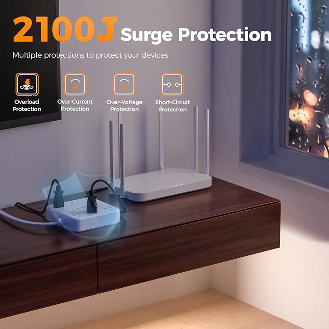 TESSAN 15Ft Grey Extension Cord with Multiple Outlets, Surge Protector Power Strip with 6 Outlets and 4 USB Ports (2 USB C), 2100 Joules Protection, Flat Plug, Outlet Extender for Home, Office, Dorm