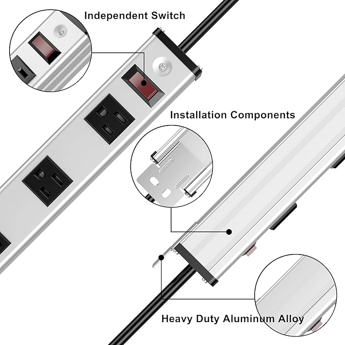 12 Outlets Metal Power Strip,Mountable Heavy Duty Power Strip with 6FT Long Extension Cord with Circuit Breaker,15A 125V 1875W, ETL Listed
