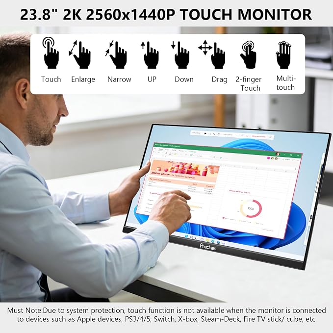 Prechen 23.8 Inch 2K 100Hz Large Portable Touchscreen Monitor 100% sRGB IPS Portable Touch Display QHD w/90° Adjustable Stand USB-C HDMI Laptop Monitor Desktop 2560X1440