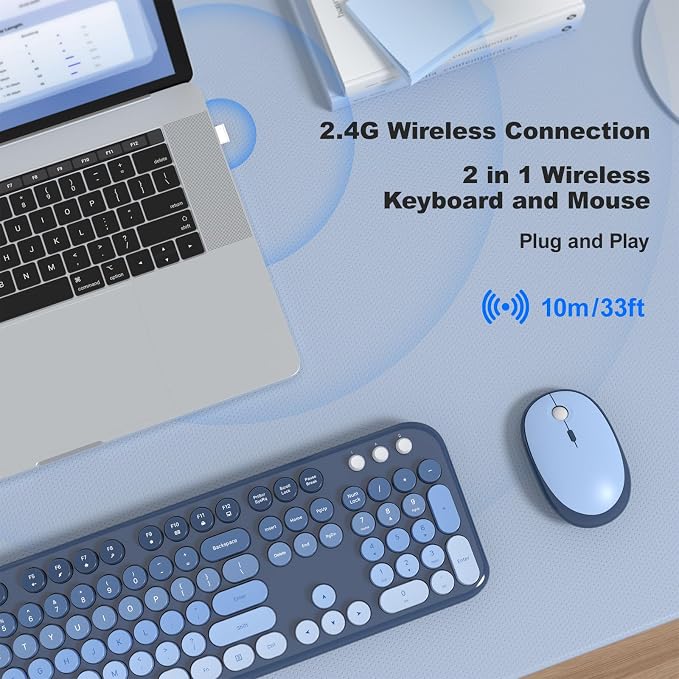 MOFII Wireless Keyboard and Mouse Combo, 2.4GHz Retro Typewriter Keyboard Full Size, Quiet Click Mouse, USB Receiver Plug and Play, for PC, Laptop, Desktop, Windows (Sea Blue Gradient)