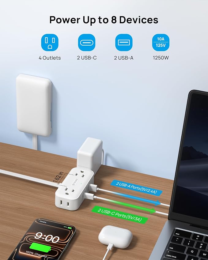 TROND 3FT Flat Extension Cord with Ultra-Thin Outlet Cover, Flat Wall Plug Power Strip with 4 AC 4 USB Ports, Hidden Outlet Extender for Tight Spaces, 10A/1250W, 900J Surge Protection, White
