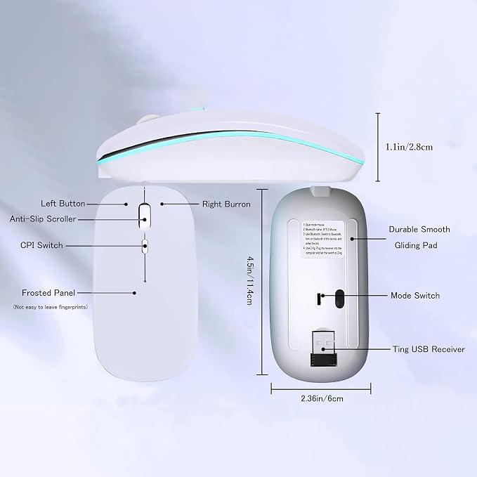 WREANU Wireless Bluetooth Mouse Rechargeable Laptop Mice with LED Lights Silent Slim Use(BT5.2 & USB 2.4G Portable Receiver) Dual Mode Computer Mouse for Laptop/iPad/Tablet/Apple/Computer/Mac(White)