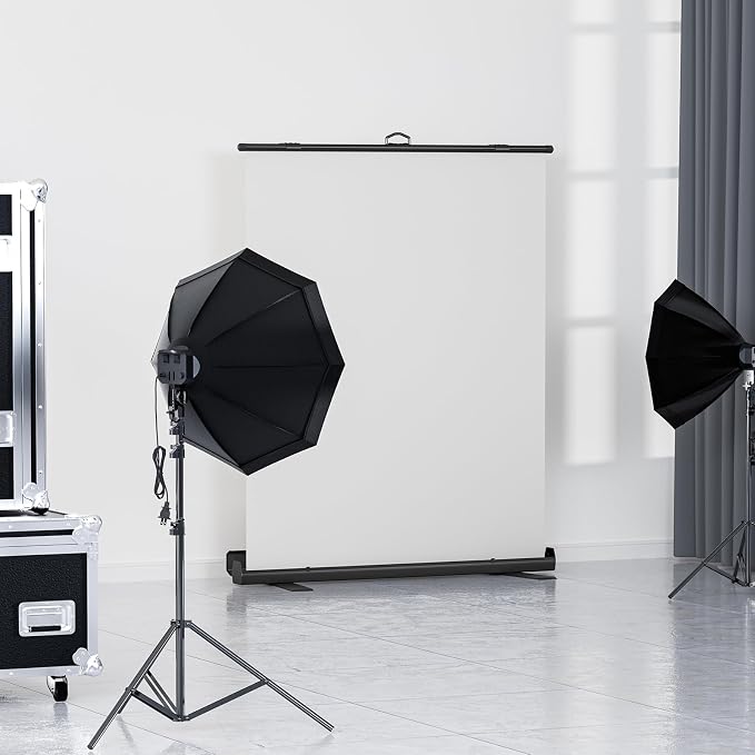 WASJOYE Retractable White Backdrop Screen - 62.2 x 79 in Professional Pull Up Panel Auto-Locking Wrinkle-Resistant Photography Background for Video Conference, Live Game, Photographic Studio Streaming