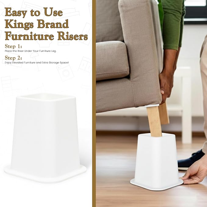 Kings Brand Furniture 6-inch Bed Risers - Set of 4 White Heavy Duty Stackable Furniture Risers for Under Bed Storage, Desk, Sofa, Couch