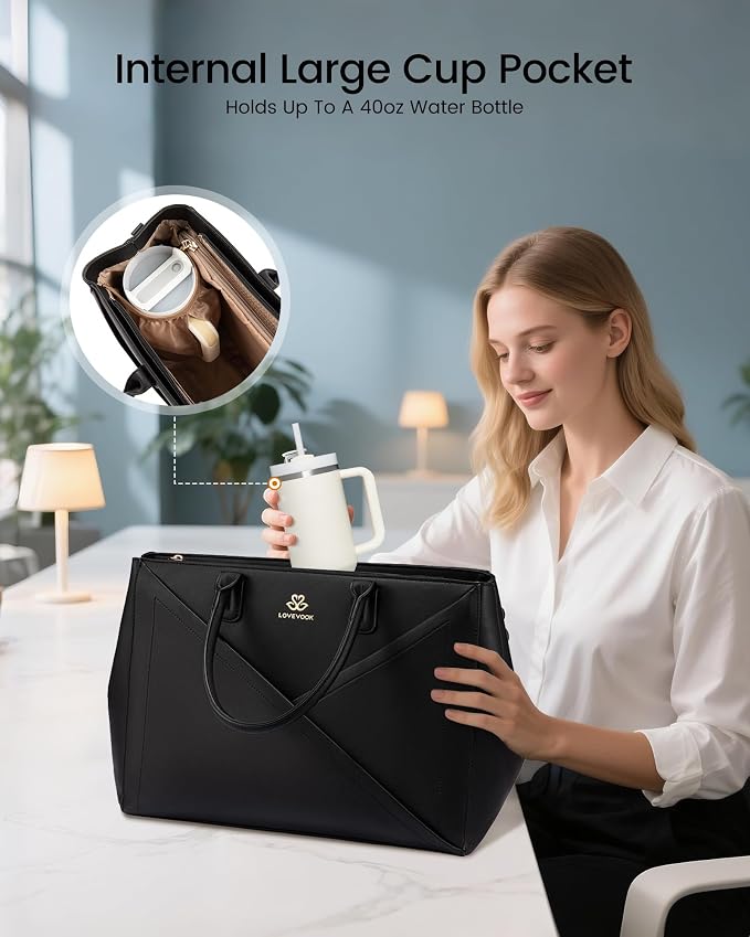 LOVEVOOK Laptop Tote Bag for Women with Large Cup Holder, 16 Inch PU Leather Work Bag Teacher Tote Bag, Waterproof Computer Bags Business Office Briefcase Handbag
