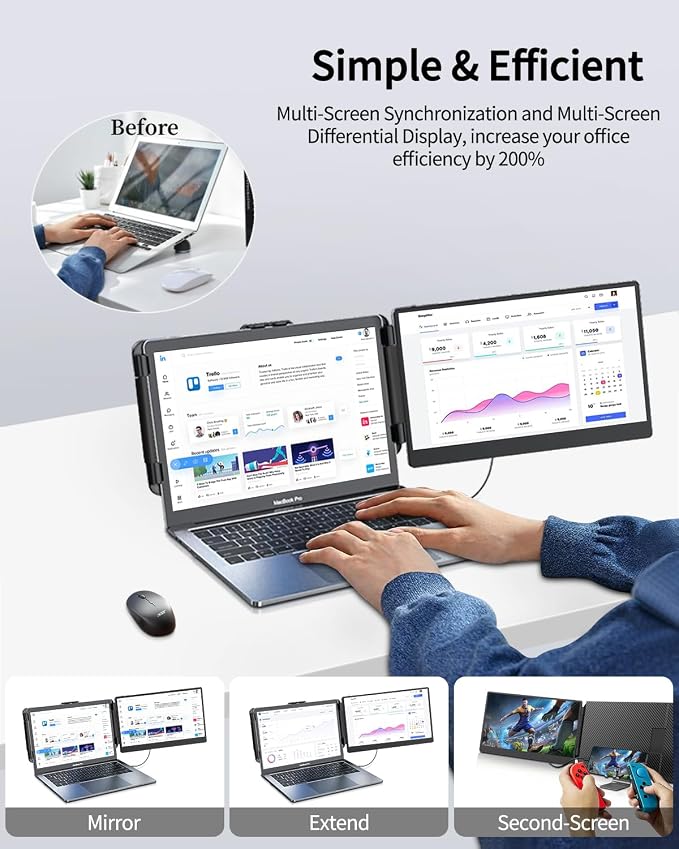 Macsecor 14.1'' Laptop Screen Extender, 1080P FHD IPS Portable Dual Monitor for Laptop, USB C HDMI Plug-Play Monitor Extender for Triple Display for MacOS/Windows, Fits 13-17.3" Laptops