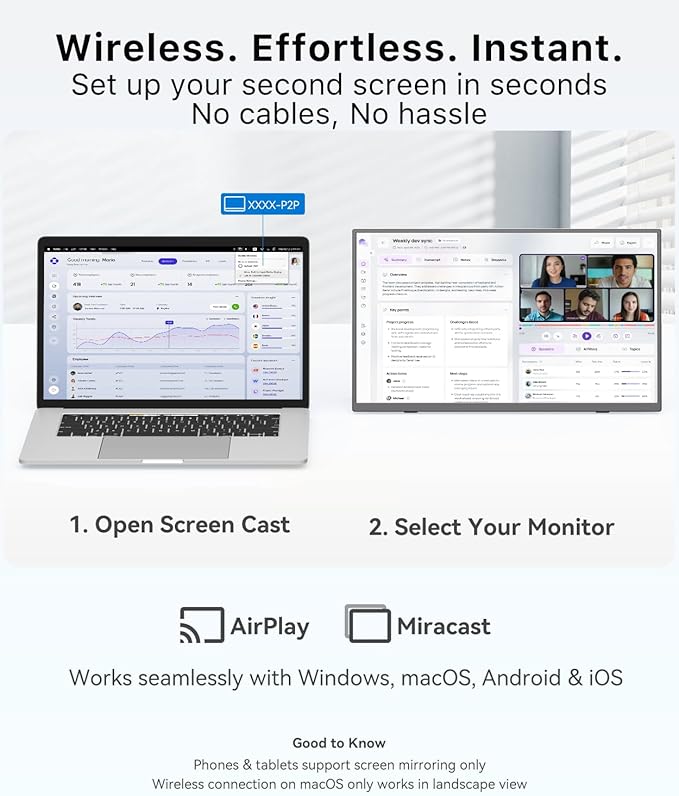 MAGICRAVEN Wireless Portable Monitor with Battery- 16" 2.5K IPS Second Screen for Travel/Office, AirPlay & Miracast Casting, Up to 4 hrs Use, No Cables or Drivers Needed, Works with Laptop/PC/Phone