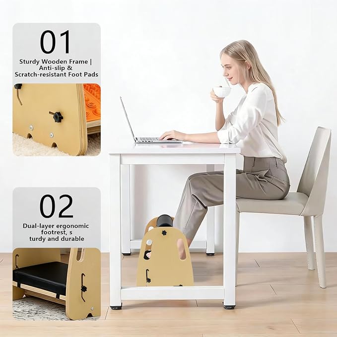Adjustable Wooden Under Desk Foot Rest｜15.75” Height｜Detachable｜Interchangeable Leather & Massage Pads｜for Office/Home/Gaming/Study Desk Essentials - Orange