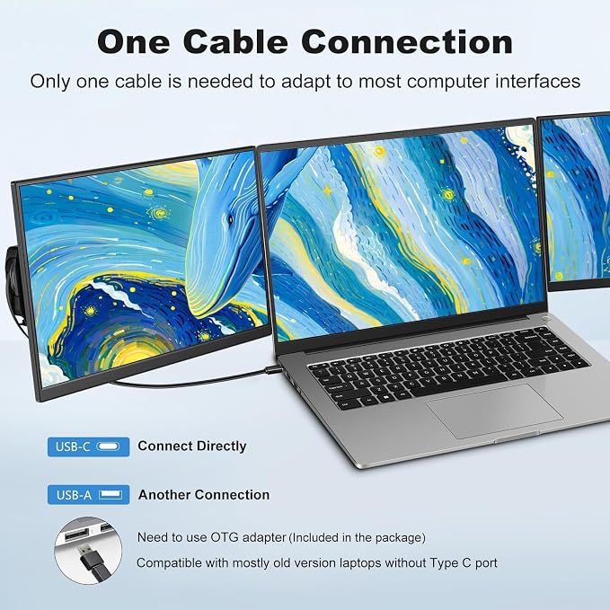 DEPGI 14" Laptop Screen Extender, 1200P FHD One Cable Connect Portable Triple Monitor, Dual Screen Monitor Fits 13"-17.3" Laptop with Stand for MacOS/Windows
