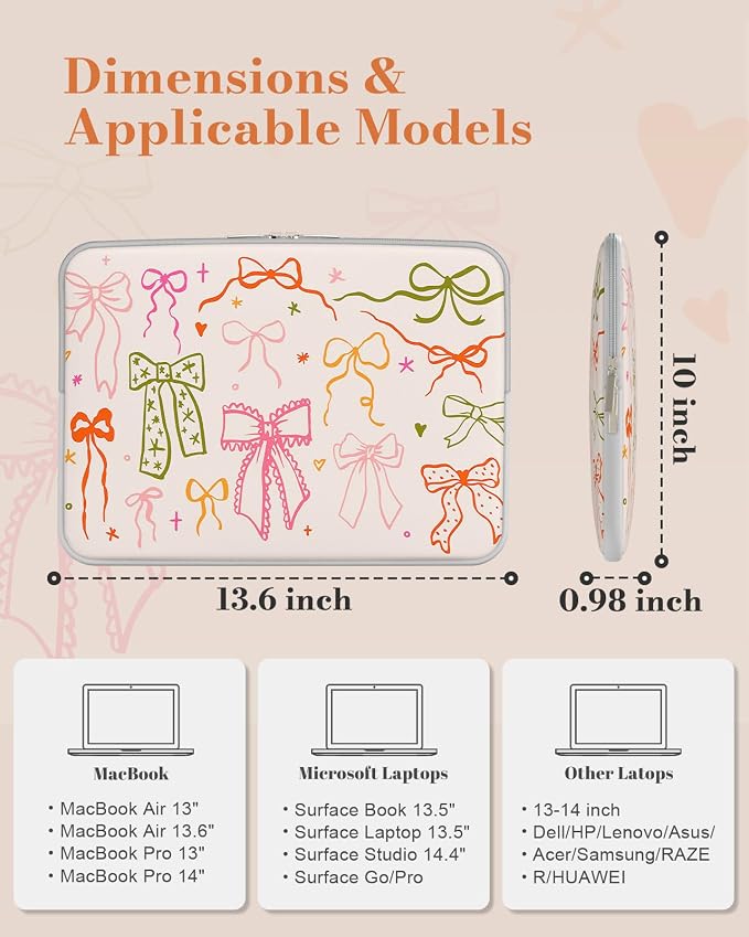 iCasso Laptop Sleeve 13 inch for MacBook Air 13-13.6 inch, Cute Laptop case for MacBook Neo/Pro 13 inch, Slim Protective Travel Carrying Case Sleeve for 14 inch Chromebook, HP, Dell, Colorful Bow