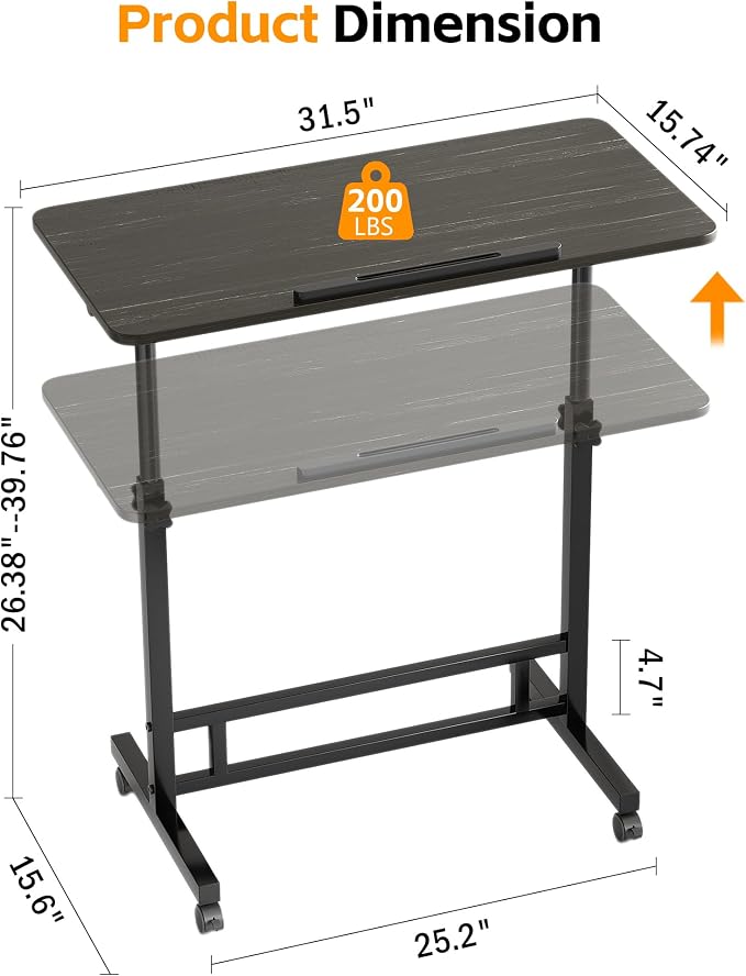 Laptop Table Mobile Adjustable Height Portable Desk Notebook Swivel PC Computer Rolling Desk with Wheels, Laptop Stand for Couch Bedside Hospital Bed Table (Black Table)