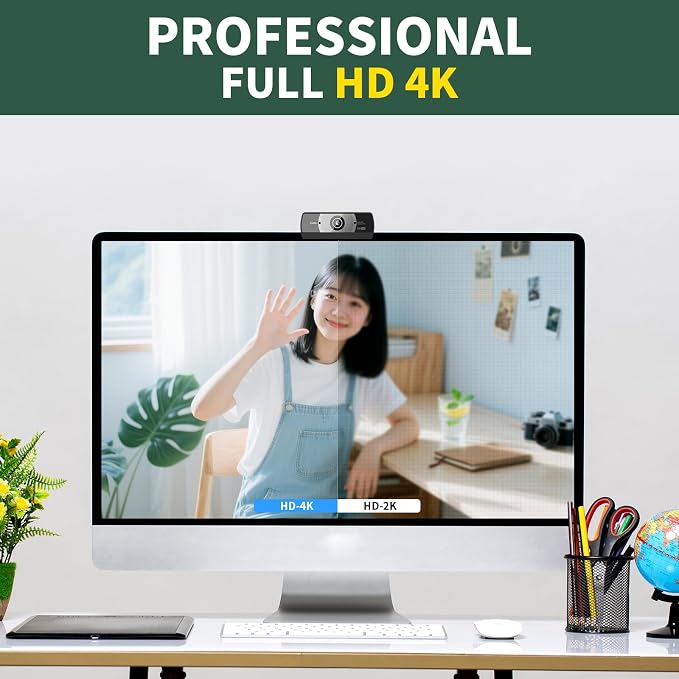 24MP 4K Ultra HD Web Camera with Microphone, USB Computer Camera for PC, Laptop, Mac, Plug and Play Desktop Web Cam for Streaming, Zoom, Teams, 4K Webcam with Auto Light Correction & Wide Angle