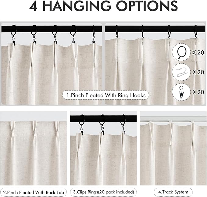 Memory Trained Pinch Pleated Curtains 80 Inches Long, Viral Linen Pinch Pleat Sheer Curtains with Ring Hooks&Clips for Track System Living Room, Natural Light Filtering Privacy Curtain 2 Panel Set