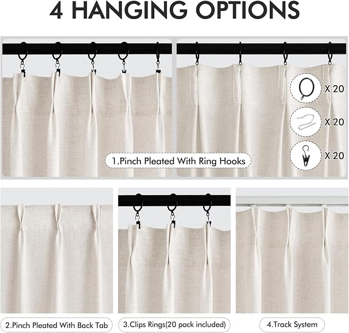 Memory Trained Pinch Pleated Curtains 90 Inches Long, Viral Linen Pinch Pleat Sheer Curtains with Ring Hooks&Clips for Track System, Natural Light Filtering Privacy Curtain 2 Panel Set W70xL90
