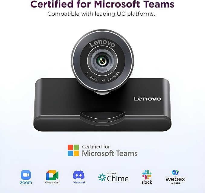 Lenovo QHD Webcam, AI Noise Cancellation and Enhanced Image Quality, 2K Resolution, 2X Digital Zoom, Physical Privacy Shutter, Directional Microphone, Teams Certified, Black