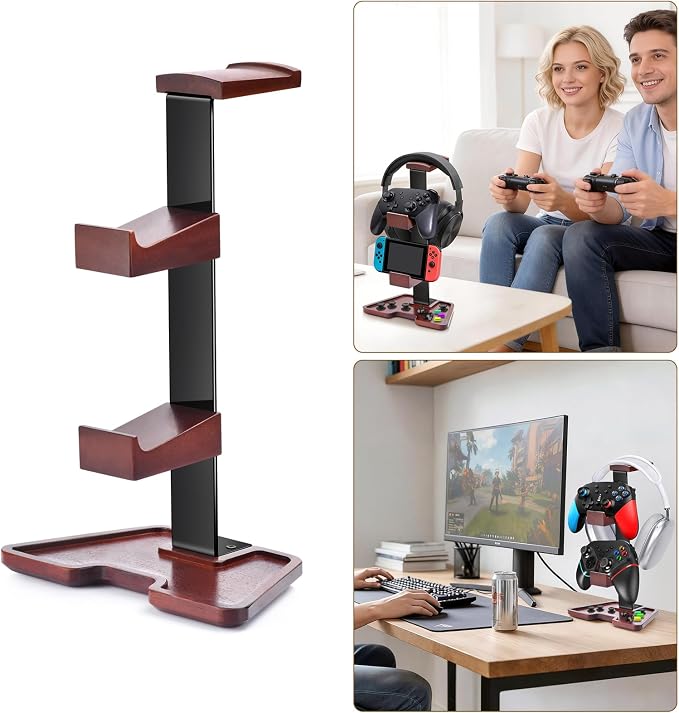 Solid Wood Headphone Stand Controller and Headset Stand Game Controller Holder for Desk Hanger Organizer Gaming Set Up Accessories for Xbox PS4 PS5 Nintendo Switch