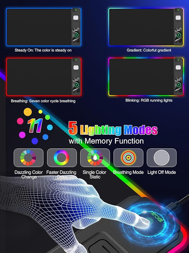 Mouse Pad with Foldable Phone Holder & Wireless Charger, XXL RGB Gaming Mousepad 31.5"x15.8" Large Desk Mat for Keyboard, Black Desk Pad with Dual Qi Charging Station | 11 Colors 5 Modes | Waterproof