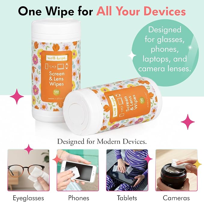 Well-Kept Tech & Lens Wipes - Eyeglass, Screen & Phone Cleaning, Multi-Surface, Lint-Free, Pre Moistened, Streak-Free & Non Scratching - NEW Size - Spring Break Canister, (120 Count)