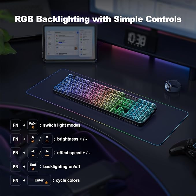 GEEZER Computer Backlit Keyboard Black Crystal - Full-Size Bluetooth Wireless Rechargeable Transparent Keycap Portable Keyboards Compatible with Windows, Laptop, PC, Desktop