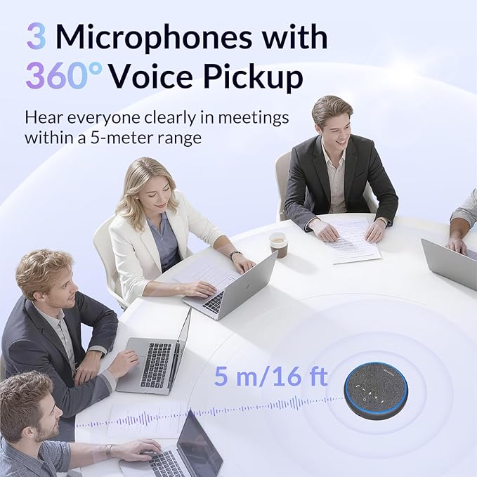 Conference Speakerphone, 3 AI Mics 360 Voice Pickup, Smart Noise Cancelling, Portable Speaker for Video Calls, Home Office & Small Team Meetings