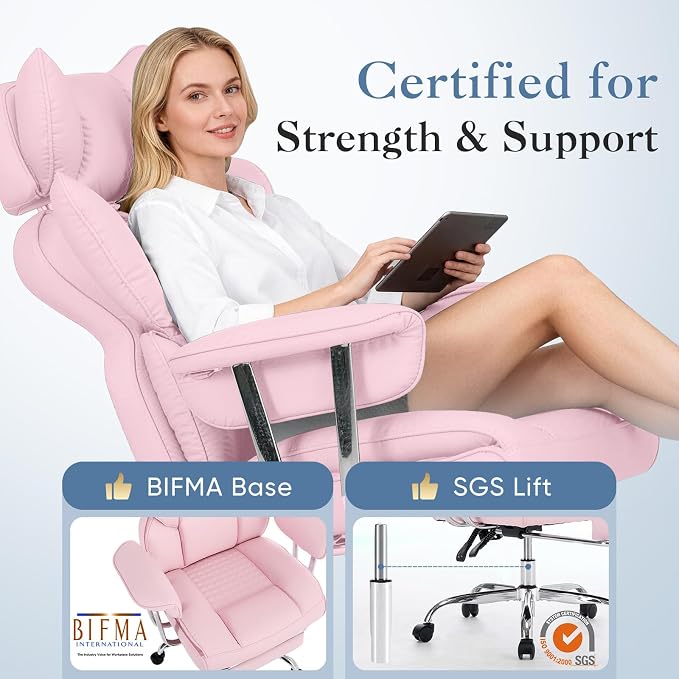 DUMOS Big and Tall Office Chair 350 LBS, Scratch-Resistant PU Leather Executive Office Desk Chair with Footrest, Ergonomic Reclining Computer Chair with Pocket Spring Support for Home Office, Pink