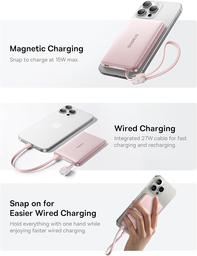 Baseus Picogo Qi2 15W Magsafe Portable Charger, 0.5" Ultra Slim 10000mAh Wireless Power Bank with 27W Built-in USB-C Cable, Magnetic Battery Pack for iPhone 17 Pro Max/17 Pro/Air/16/15/14/13/12