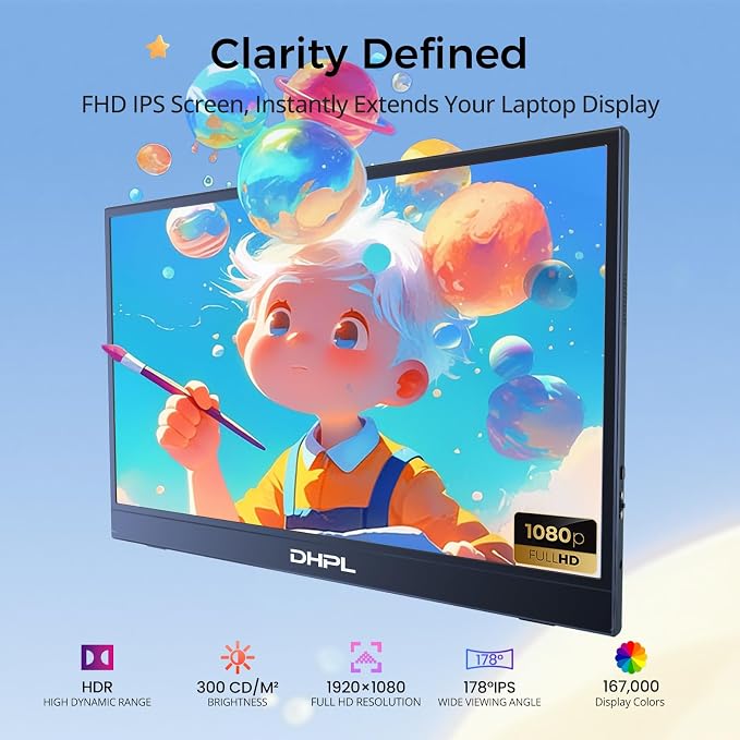 Portable Monitor, 15.6-inch FHD 1080P 60Hz IPS Screen, Laptop Screen Extension, USB-C/HDMI Ports, VESA Mount Support, Compatible with Laptops/PCs/MacBook/Switch/PS4/5/Xbox
