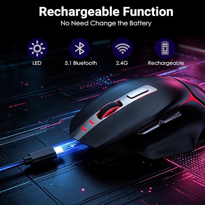 JOYACCESS Computer Mouse Wireless, Supports Bluetooth, 2.4G and Wired Connections, RGB Backlit Rechargeable Ergonomic Optical Mouse, Wireless Mouse for Laptop, Pc, Chromebook, Notebook - Black