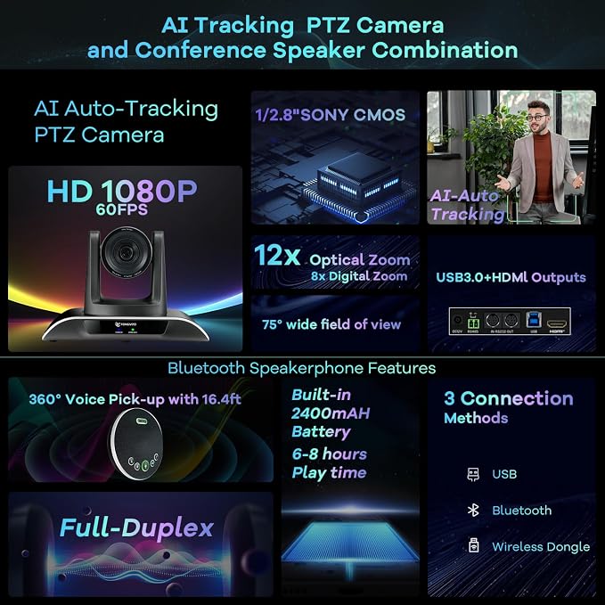 12x Zoom Conference Room Video Camera System, Al Auto-Tracking HD 1080P 60fps 12X Optical Zoom USB3.0 HDMI PTZ Camera 75° FOV and Bluetooth Conference Speaker with Microphones Bundle for Medium Room