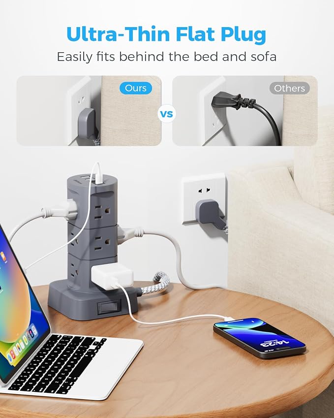 Charging Station Tower, Power Strips with Surge Protection, Flat Plug, 12 Outlets 4 USB Ports, 1875W/15A 1080J 6Ft Extension Cord with Multiple Outlets, Office Desk Supplies, Dorm Essentials, Gray