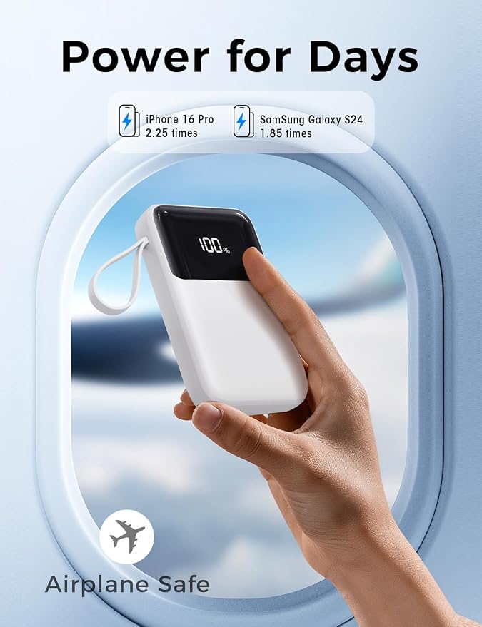 HELLEE Power Bank, 15000mAh Portable Charger with Built in Cable, 22.5W Fast Charging, 6 Outputs, Slim Travel Essential Battery Pack with LED Display, Compatible with iPhone 17/16/15/14/13, iPad White