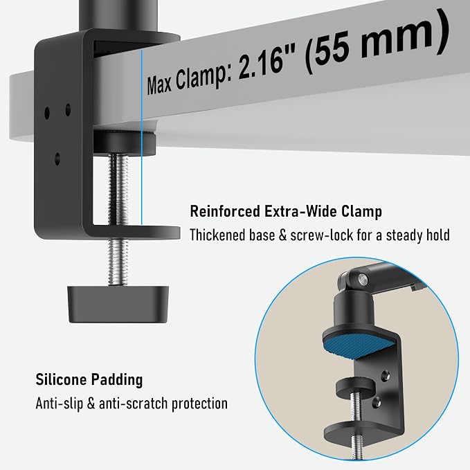Portable Monitor Stand 15.6", Heavy Duty Tablet Arm Mount with Desk Clamp, Sag-Free Adjustable iPad Holder for Bed, 360° Foldable Arm Fits 4.7"-18.5" iPad Pro/Air/Mini, 2.2lbs Capacity, Matte Black