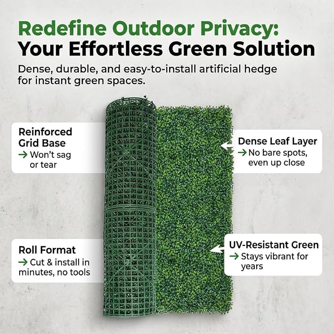 Artificial Boxwood Roll Panels, 40"x120" (34 sq.ft) UV-Resistant Faux Ivy Privacy Fence Screen, Decorative Grass Wall Covering for Indoor & Outdoor Garden, Backyard, Balcony, Home Decor