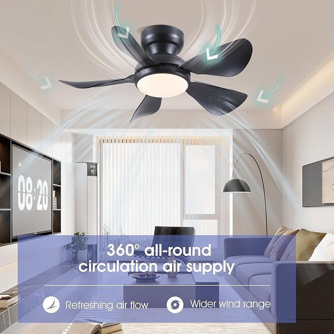 Kviflon 32 Inch Modern Ceiling Fans with Lights, Small Flush Mount Ceiling Fan with Light and Remote/APP Control, 5 Reversible 6 Speeds Curved Blades, 3 CCT Dimmable Lights for Bedroom, Black