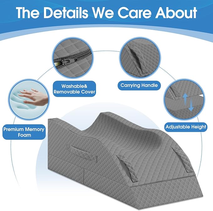 TranquilRelax Elevation Pillows for Leg After Surgery, Memory Foam Adjustable Wedge Pillow for Injury or Rest, Ankle Pillow for Sleeping Blood Circulation Full Grey/Single Leg