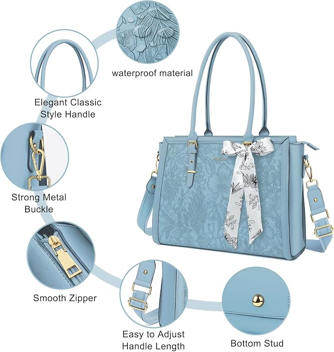 MOSISO Laptop Bag for Women, 17-17.3 inch PU Leather Tote Bag Compatible with MacBook, HP, Dell, Asus Notebook, Front Embossed Retro Hibiscus Computer Bags with Silk Scarf&Clutch Purse, Air Blue