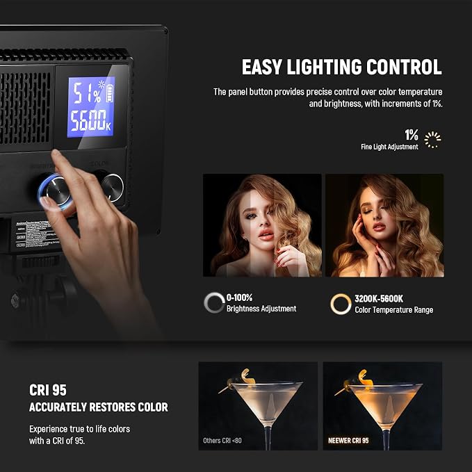 Neewer 9" LED Video Light Panel, Dimmable DSLR Camera Soft Lighting, 4000mAh Rechargeable Battery, USB Type C Ports, 3200K~5600K CRI95+ 600Lux for Photography Video Recording Live Streaming, NL-116AI