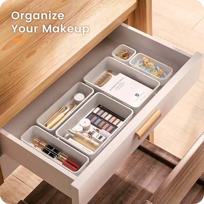 A-LuGei 【Military Grade Drawer Organizer, 【𝟱𝗦𝗶𝘇𝗲】 Makeup organizer, 【Holds 177 Items】 Bathroom Organizers and Storage, Organization and Storage, Desk Drawer Organizer for Vanity (White)
