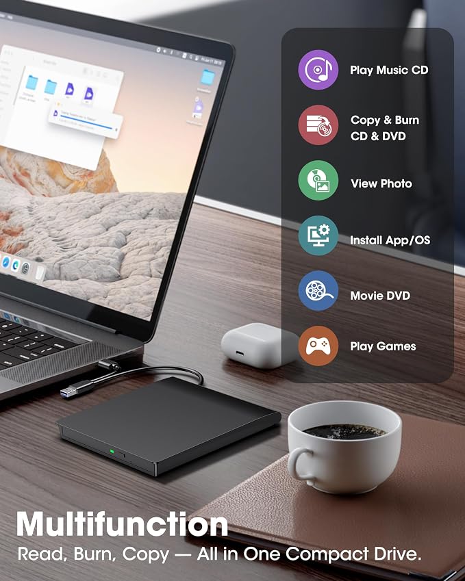 ROOFULL External CD DVD Drive with Extra Power Cable for Laptop, Ultra Slim USB 3.0 Type-C Portable CD DVD Optical Disc Drive Reader Writer Burner Player for PC MacBook Windows 11/10/7 Mac Linux OS
