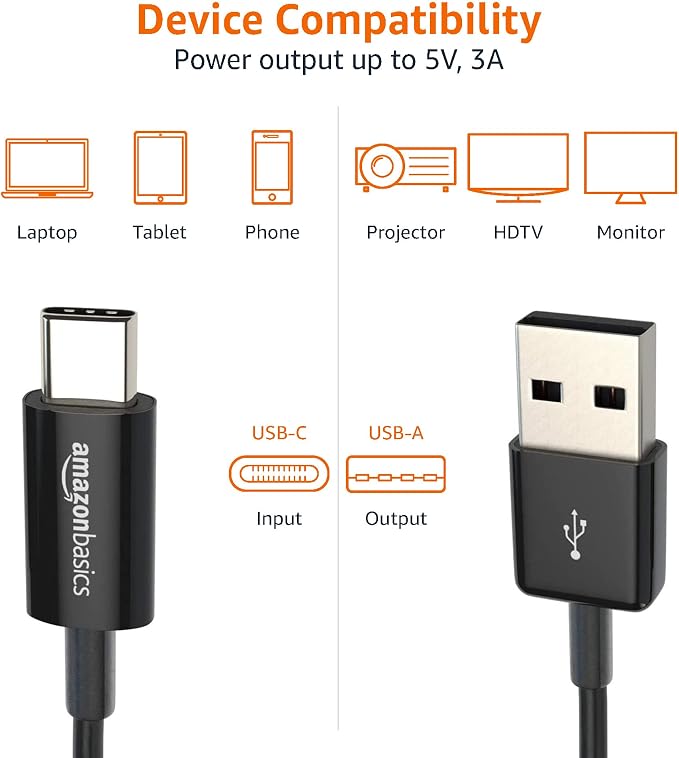 Amazon Basics USB-C to USB-A 2.0 Fast Charger Cable, 480Mbps Data Transfer Speed, USB-IF Certified, for Apple iPhone 16/15, iPad, Samsung Galaxy, Tablets, Car, 3ft, Black