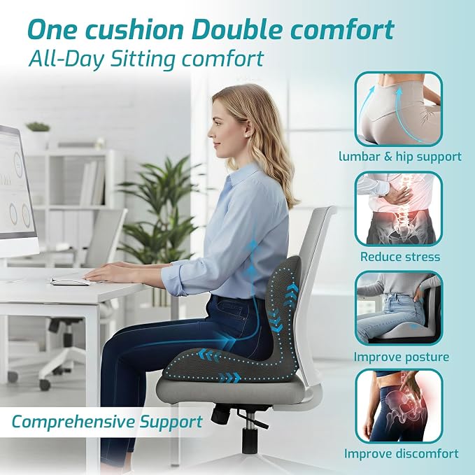 Ergonomic Seat Cushion,Office Chair Cushion with Lumbar Support Pillow,Car Orthopedic Seat Cushions,Designed for Sciatica,Tailbone,Back Pain Relief,for Office,Car,Truck,Home,Desk Chair