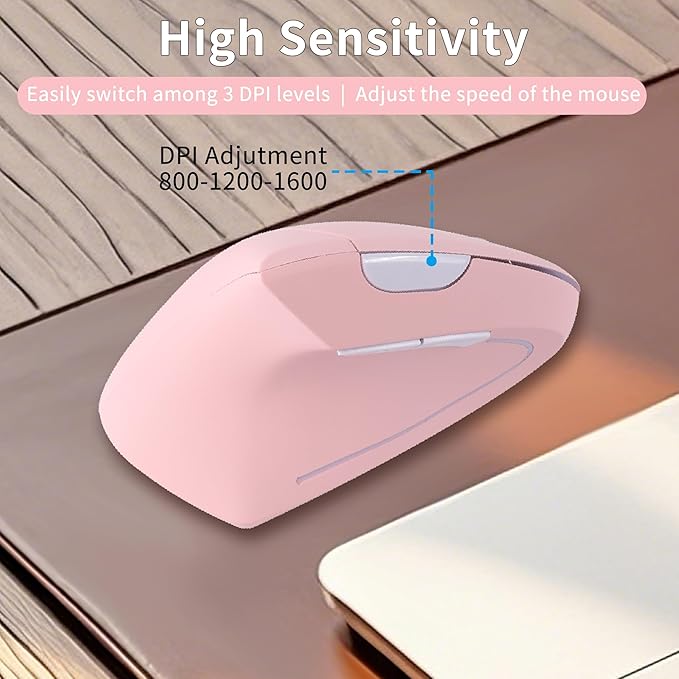 Left Handed Ergonomic Mouse, Vertical Wireless Mouse for Left Hand, 2.4G USB Carpal Tunnel Lefty Mouse, 3 Adjustable DPI, 6 Buttons, for Laptop, PC, Computer, Mac, Windows, Desktop -Pink