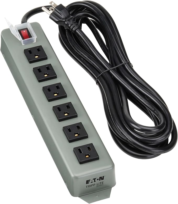 Eaton Tripp Lite series 6-Outlet Heavy Duty Power Strip, Metal, Mountable (Wall Mount & Under Desk) 15ft Extension Cord, On/Off Switch Cover, Industrial Garage Shop Work Bench Applications (UL24CB-15)