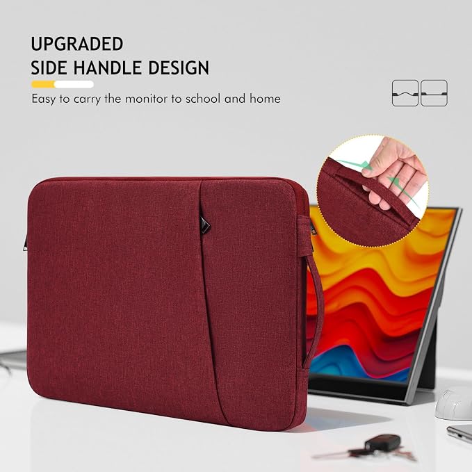 Portable Monitor Case 15.6 Inch, Protective Carrying Sleeve for Most 16.1/15.6 in Portable Monitors, Water Resistant Monitor Bag with Accessory Pocket, Wine Red